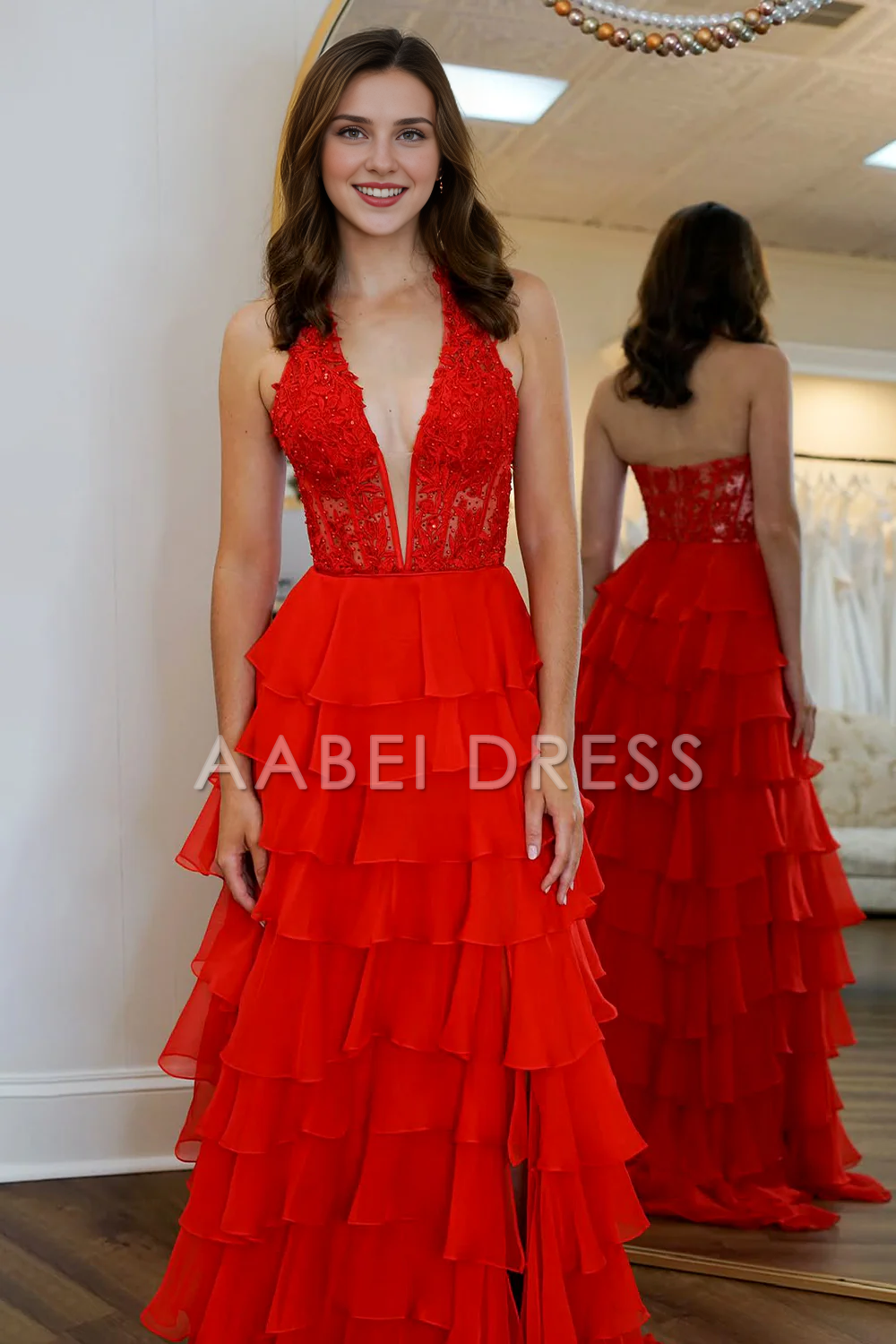 AABEI DRESS Prom Dress A-Line Halter Neck Lace Top Tiered Chiffon With Slit Long Exquisite Formal Dress