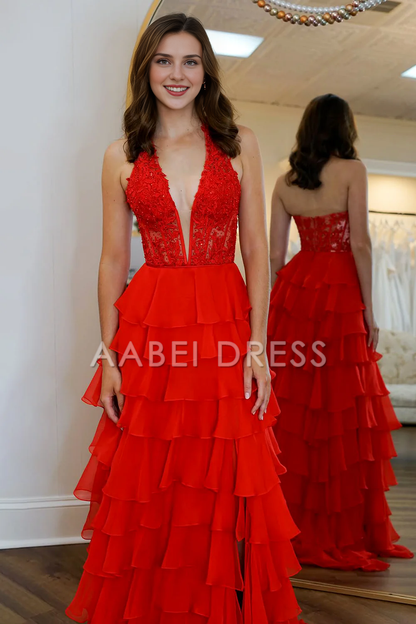 AABEI DRESS Prom Dress A-Line Halter Neck Lace Top Tiered Chiffon With Slit Long Exquisite Formal Dress