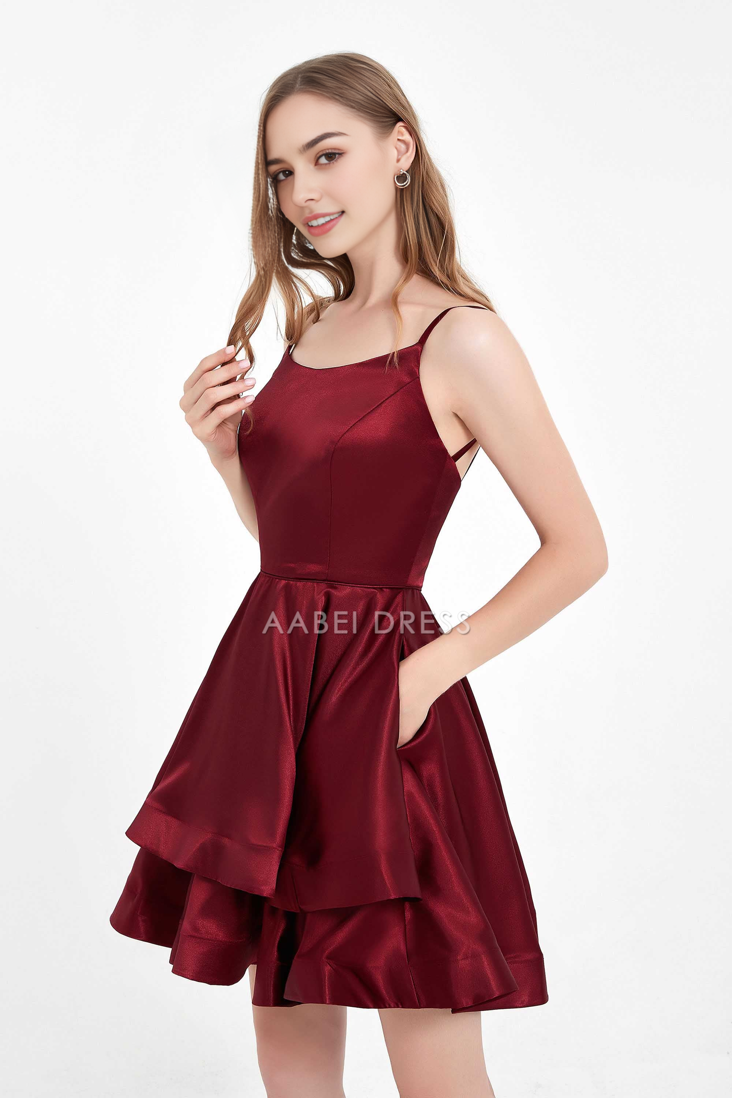 AABEI DRESS Short Dress Fashion A Line Round Neck Spaghetti Straps Backless Double-Layer Ruched Simple New Homecoming Dress