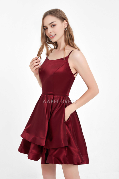 AABEI DRESS Short Dress Fashion A Line Round Neck Spaghetti Straps Backless Double-Layer Ruched Simple New Homecoming Dress