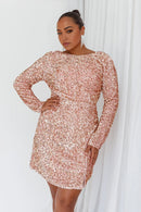Blush Sequin Sheath Boat Collar Long Sleeve Open Back Slit Sparkle Dress Charming Plus Size Mini Dress Hot Sale Homecoming Dress