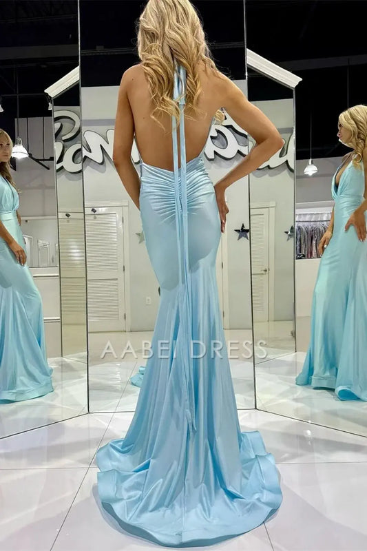 AABEI DRESS Hot Sale Prom Dress Trendy Mermaid Halter Neck Pleated Backless Long Elegant Formal Dress