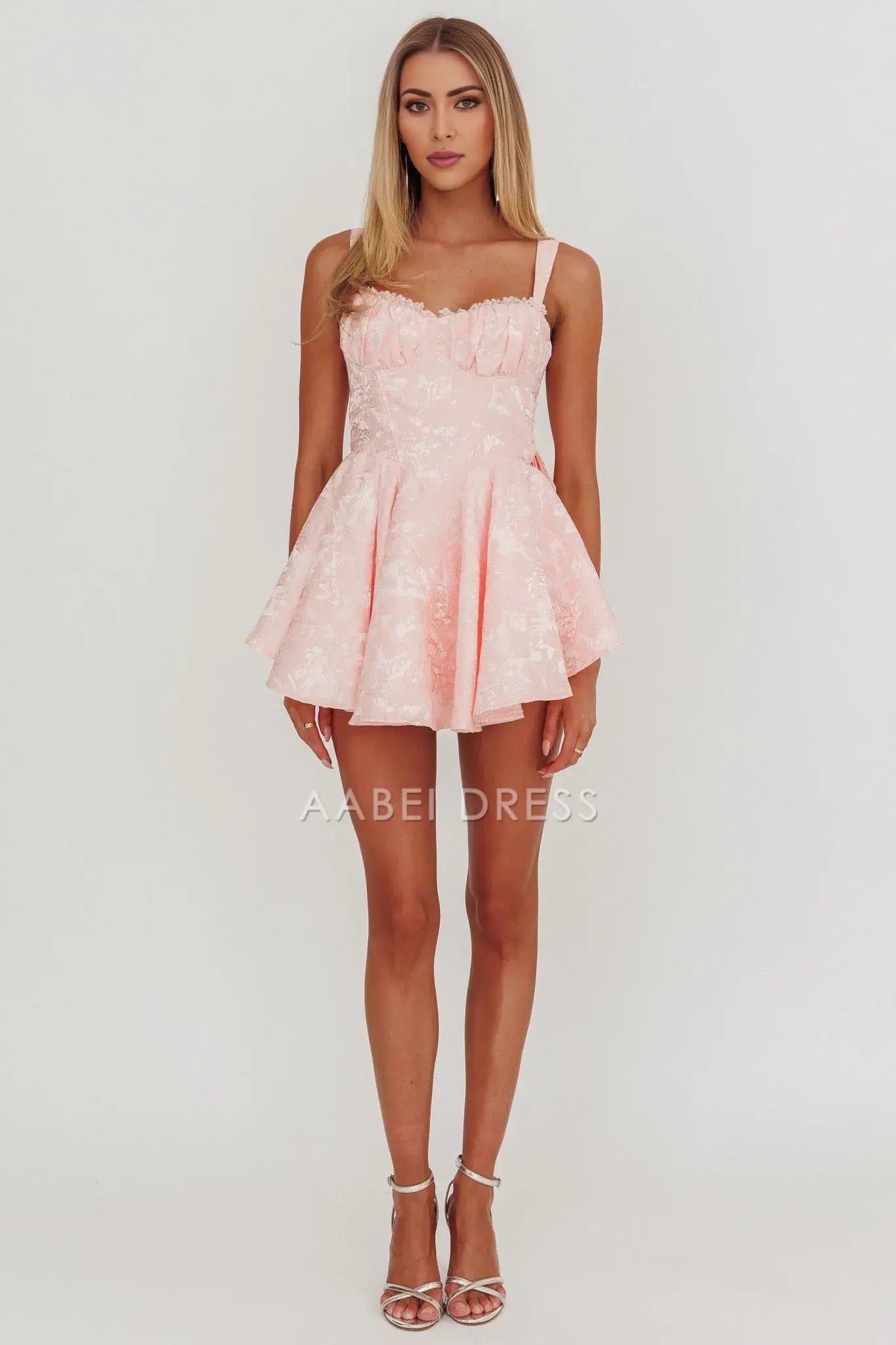 A Line Sweetheart Neckline Wide Shoulder Straps Jacquard Bow Pink Ruched Mini Dress Hot Sale Homecoming Dress