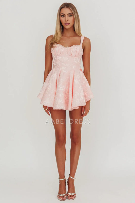 A Line Sweetheart Neckline Wide Shoulder Straps Jacquard Bow Pink Ruched Mini Dress Hot Sale Homecoming Dress