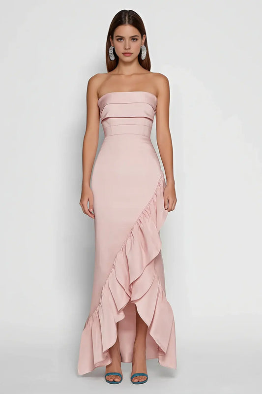 Fashion Prom Dress Pink Mermaid Strapless Sleeveless Backless Ruffled With Slit Bargain Long Wedding Guest Dress