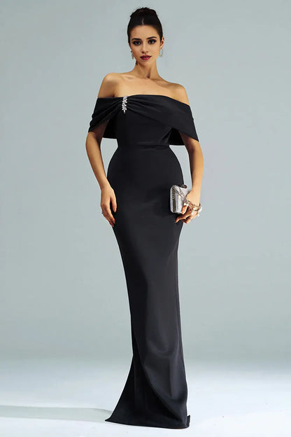 Elegant Black Mermaid Off the Shoulder Strapless Satin with Slit Long Formal Dress Hot Sale Evening Dresses