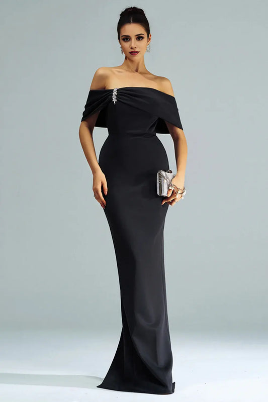 Elegant Black Mermaid Off the Shoulder Strapless Satin with Slit Long Formal Dress Hot Sale Evening Dresses