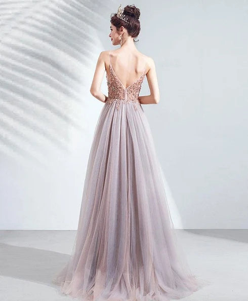 Dusty Rose Spaghetti Strap V Neck Tulle Prom Dress Beaded Bodice With Side Slit