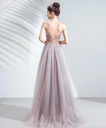 Dusty Rose Spaghetti Strap V Neck Tulle Prom Dress Beaded Bodice With Side Slit