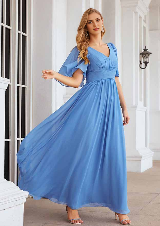 Sky Blue Chiffon A-Line V-Neck Back Zip Floor-Length Dress