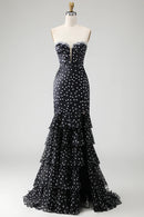 Chic Prom Dress Black White Ploka Dots Mermaid Strapless Sweetheart Neckline Beading Sleeveless Layered Ruffles With Side Backless Fork Bargain Long Wedding Guest Dress