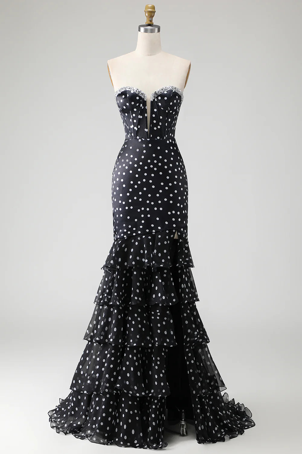 Chic Prom Dress Black White Ploka Dots Mermaid Strapless Sweetheart Neckline Beading Sleeveless Layered Ruffles With Side Backless Fork Bargain Long Wedding Guest Dress