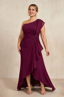 Wedding Guest Dress Fashion Burgundy Sheath One Shoulder Sleeveless with Beading Asymmetry High Low Ruched Hem Plus Size Hot Sale Long Mother of the Bride Dress
