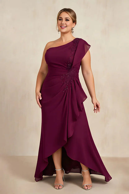 Wedding Guest Dress Fashion Burgundy Sheath One Shoulder Sleeveless with Beading Asymmetry High Low Ruched Hem Plus Size Hot Sale Long Mother of the Bride Dress