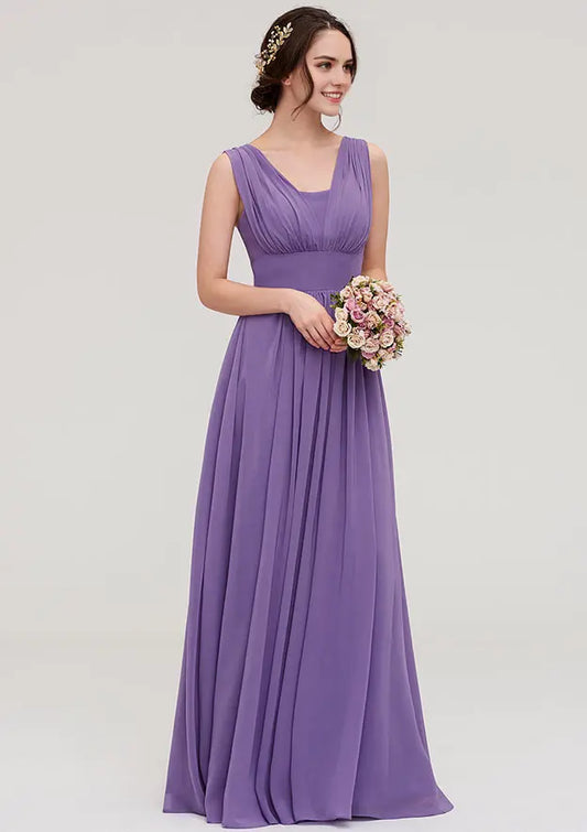 Purple Chiffon A Line Scalloped Neck Sleeveless With Pleated Affordable Floor-Length Bridesmaid Dress