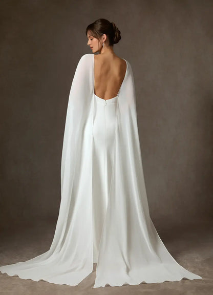 Elegant Simple White Sheath Spaghetti Strap Deep V Neck Backless With Cloak Hot Sale Wedding Dress