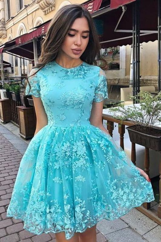 AABEI DRESS Homecoming Dress A Line Lace Charming Short Sleeves Retro Prom Dress