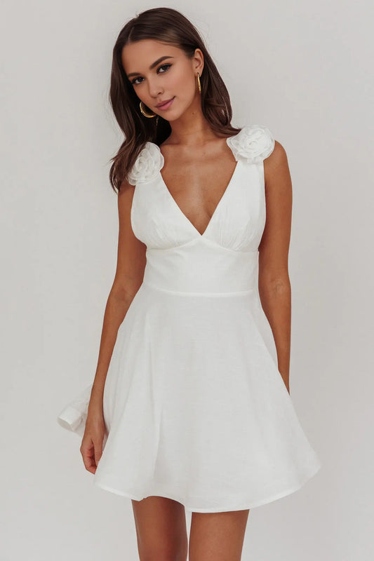 White A Line V Neck Wide Shoulder Straps 3D Flower Backless Cute Mini Dress Hot Sale Homecoming Dress