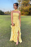 Chic Daffodil Satin A-Line Strapless Sleeveless With Scarf Tiers Ruffles And Split Long Affordable Prom Dress