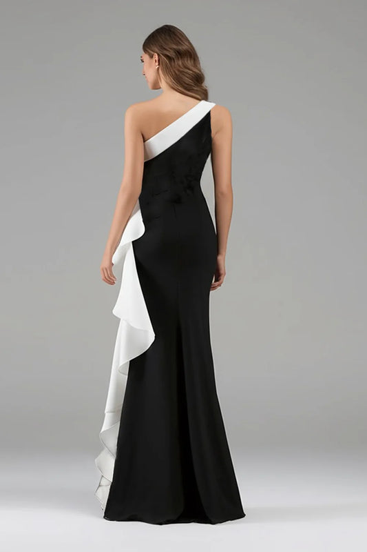 Black White One Shoulder Sleeveless with 3D Flowers Ruched Long Formal Dress Elegant Evening Dresses