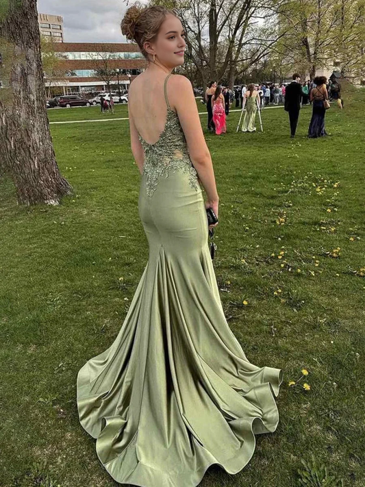Sage Mermaid Spaghetti Straps V Neck Lace Appliques Backless Exquisite Wedding Guest Dress Long Hot Sale Prom Dresses