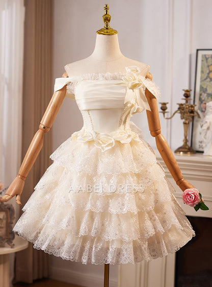 AABEI DRESS New Homecoming Dress A-Line Sleeveless Off Shoulder 3D Flower Lace Layering Romantic Short Prom Dresse