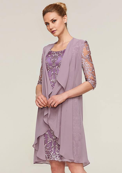 Vintage Wedding Guest Dresses Purple Sheath/Column Boat Neck Half Sleeve Lace Applique With Jacket Two-Piece Knee-Length Bargain Mother of the Bride Dress