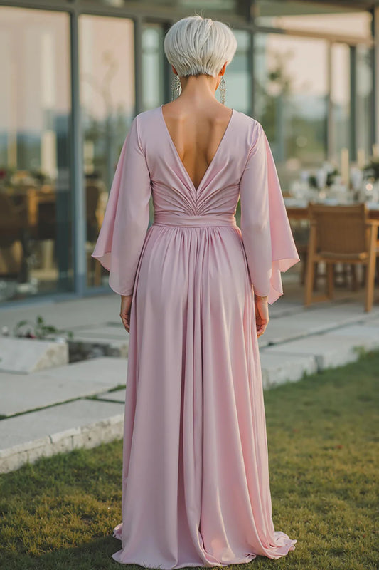 Dusty Rose Elegant A Line V-Neck Flowy Sleeves V Back Ruched Long Wedding Guest Dress For Women New Style Mother of the Bride Dress