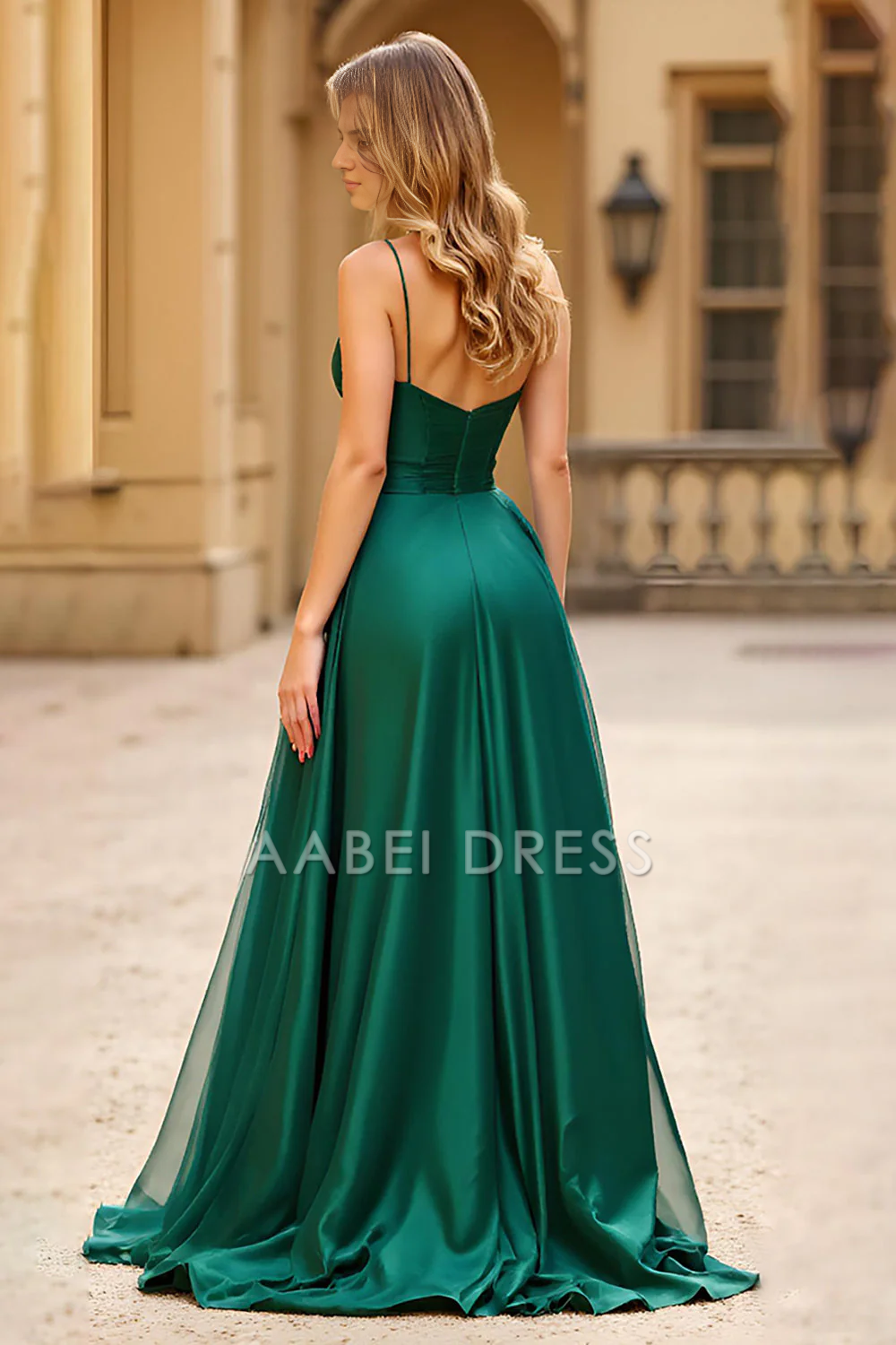 AABEI DRESS Hot Sale Prom Dress Exquisite A Line Spaghetti Straps Pleated Backless Long Satin With Slit Formal Dress