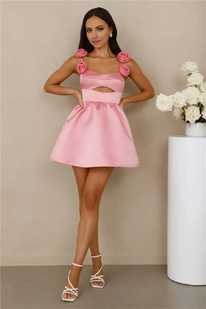 Pink A Line Three Dimensional Rose Decorative Suspender Sweetheart Neckline Hollow-out Backless Exquisite Mini Dress Hot Sale Homecoming Dress