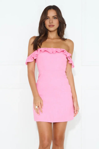 Pink Square Neck Sleeveless With Ruffled Edges For Slim Fit Sweet Cute Mini Dress Hot Sale Homecoming Dress
