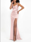 AABEI DRESS Fashion Mermaid Sweetheart Sleeveless Pleated Bodycon High Slit Satin Sweep Train High Quality Evening Dress