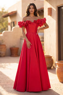 Red Off Shoulder Ruffled Satin A-Line Prom Gown