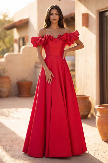 Red Off Shoulder Ruffled Satin A-Line Prom Gown