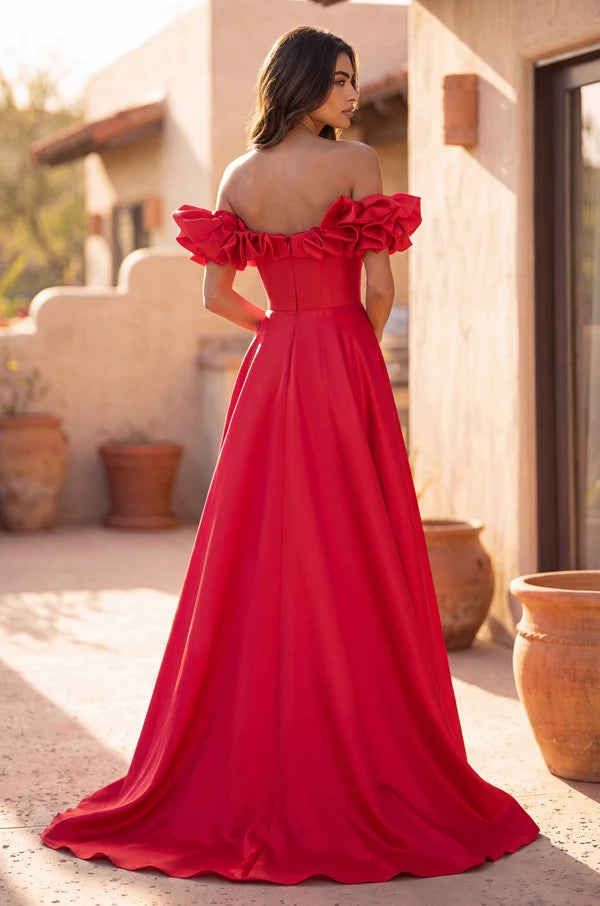 Red Off Shoulder Ruffled Satin A-Line Prom Gown