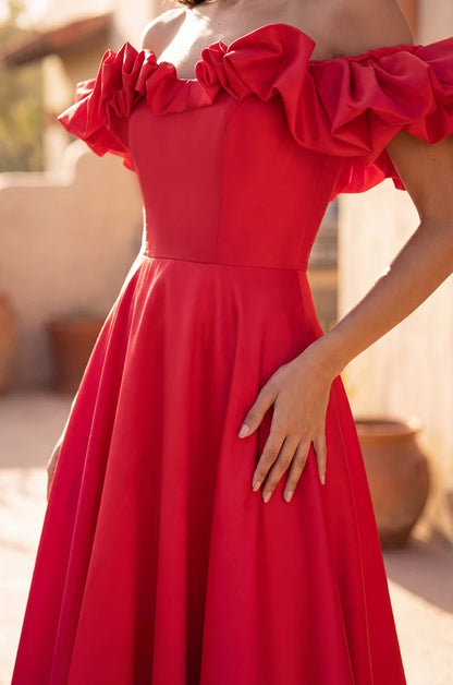 Red Off Shoulder Ruffled Satin A-Line Prom Gown