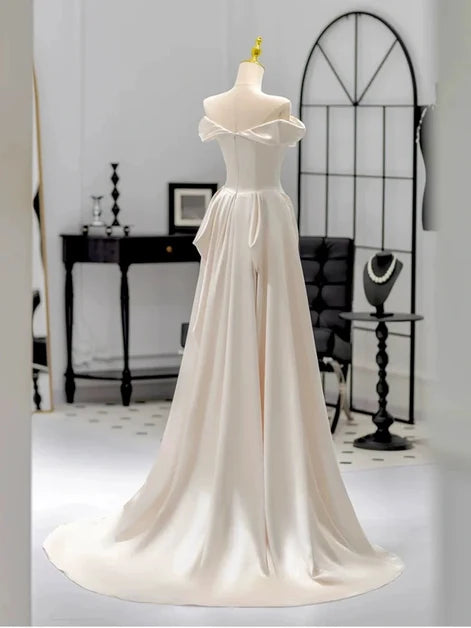 Elegant A-line Off Shoulder Short Sleeve Zip Back Train Wedding Gown