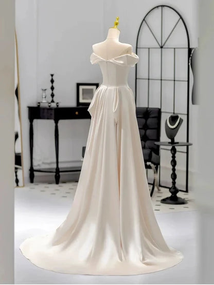 Elegant A-line Off Shoulder Short Sleeve Zip Back Train Wedding Gown