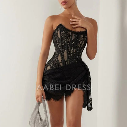 AABEI DRESS New Homecoming Dress Sexy Lace Dress Solid Color Sheer High Waist Elegant Printed Strapless Slim Evening Dress Prom Dress