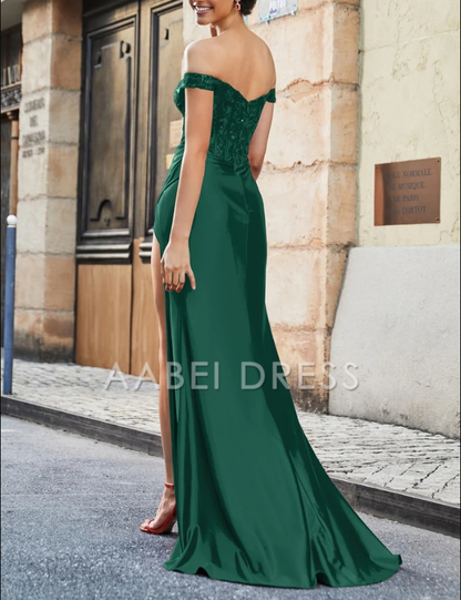 AABEI DRESS Charming Mermaid Off-the-Shoulder Sleeveless Pleated Sweep Train Retro Fashion Evening Dress
