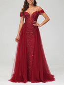 AABEI DRESS A-Line Off the Shoulder Beaded Tulle Applique Dress Train Intricate Fashion Evening Dress