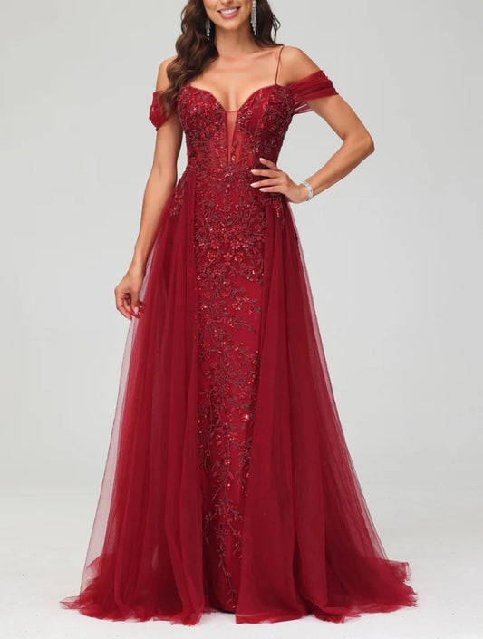 AABEI DRESS A-Line Off the Shoulder Beaded Tulle Applique Dress Train Intricate Fashion Evening Dress