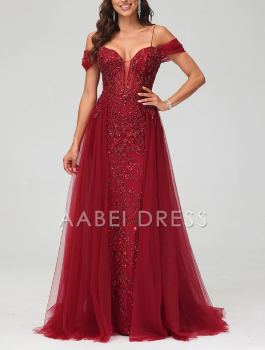 AABEI DRESS A-Line Off the Shoulder Beaded Tulle Applique Dress Train Intricate Fashion Evening Dress