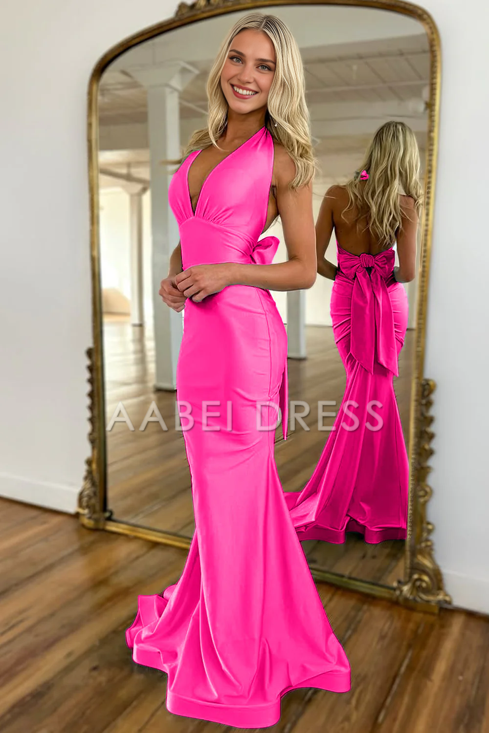 AABEI DRESS Prom Dress Exquisite Mermaid Halter Neck Backless Long Satin With Bowknot Charming Formal Dress