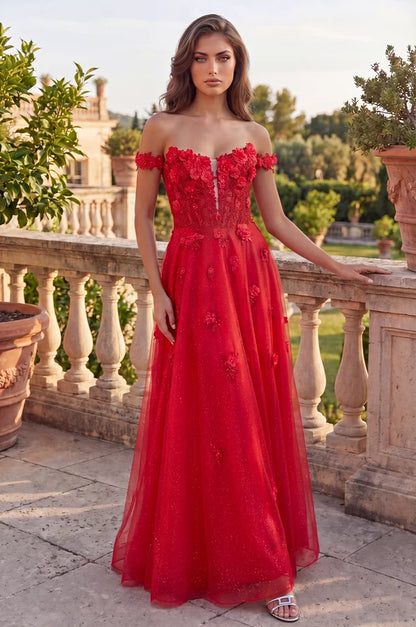 Red A Line Sweetheart Off Shoulder Corset Zipper Floor Prom Gown