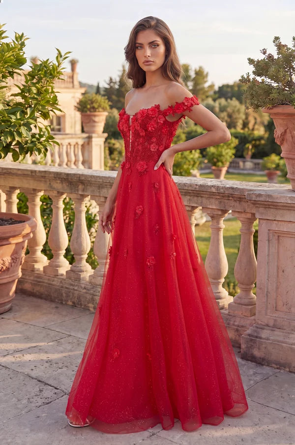 Red A Line Sweetheart Off Shoulder Corset Zipper Floor Prom Gown