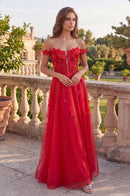 Red A Line Sweetheart Off Shoulder Corset Zipper Floor Prom Gown