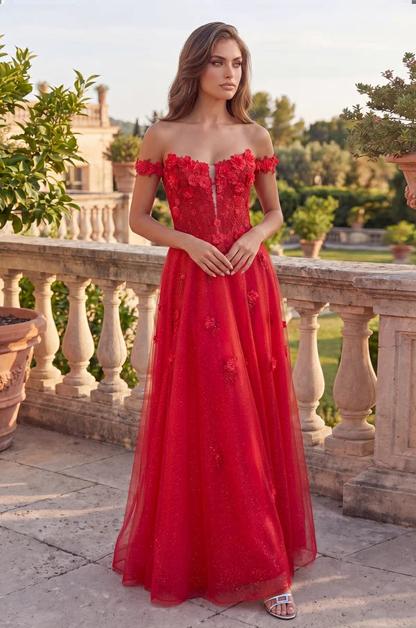 Red A Line Sweetheart Off Shoulder Corset Zipper Floor Prom Gown