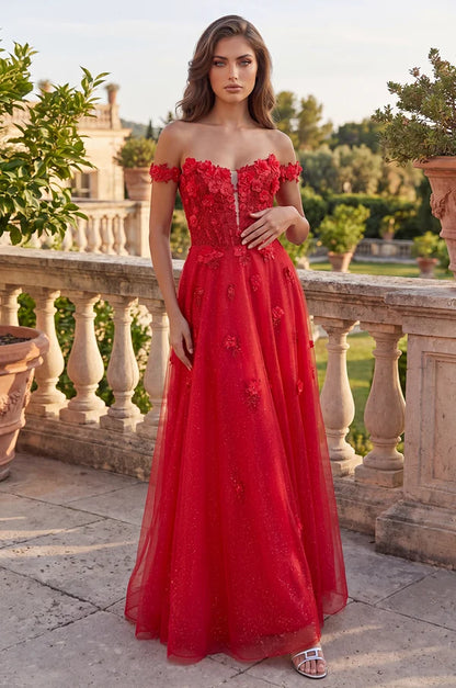 Red A Line Sweetheart Off Shoulder Corset Zipper Floor Prom Gown