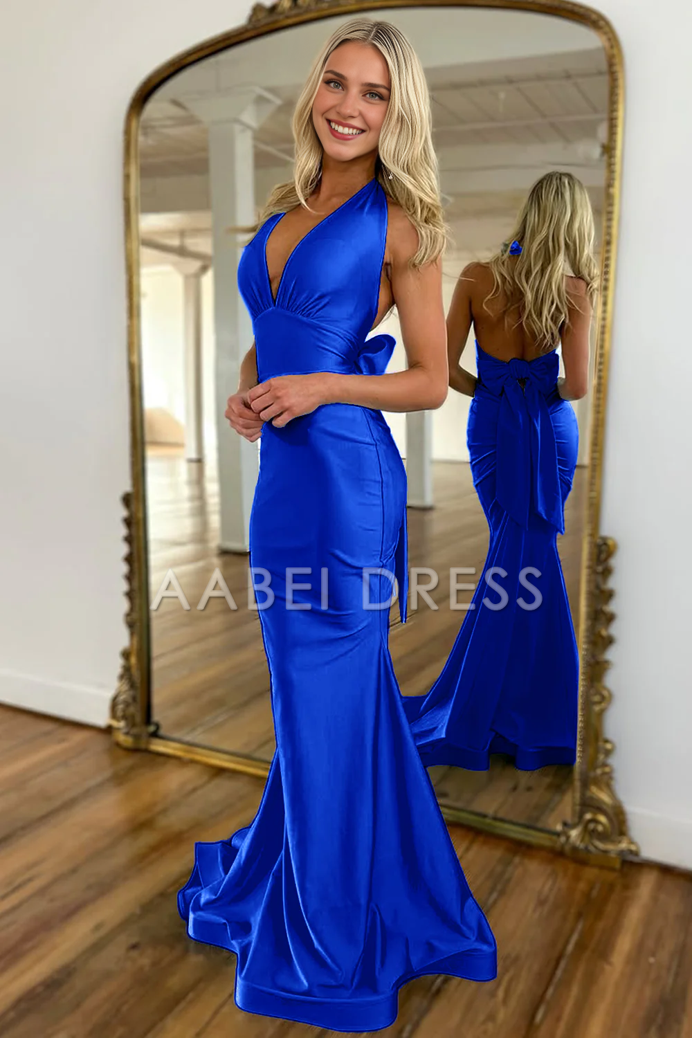 AABEI DRESS Prom Dress Exquisite Mermaid Halter Neck Backless Long Satin With Bowknot Charming Formal Dress
